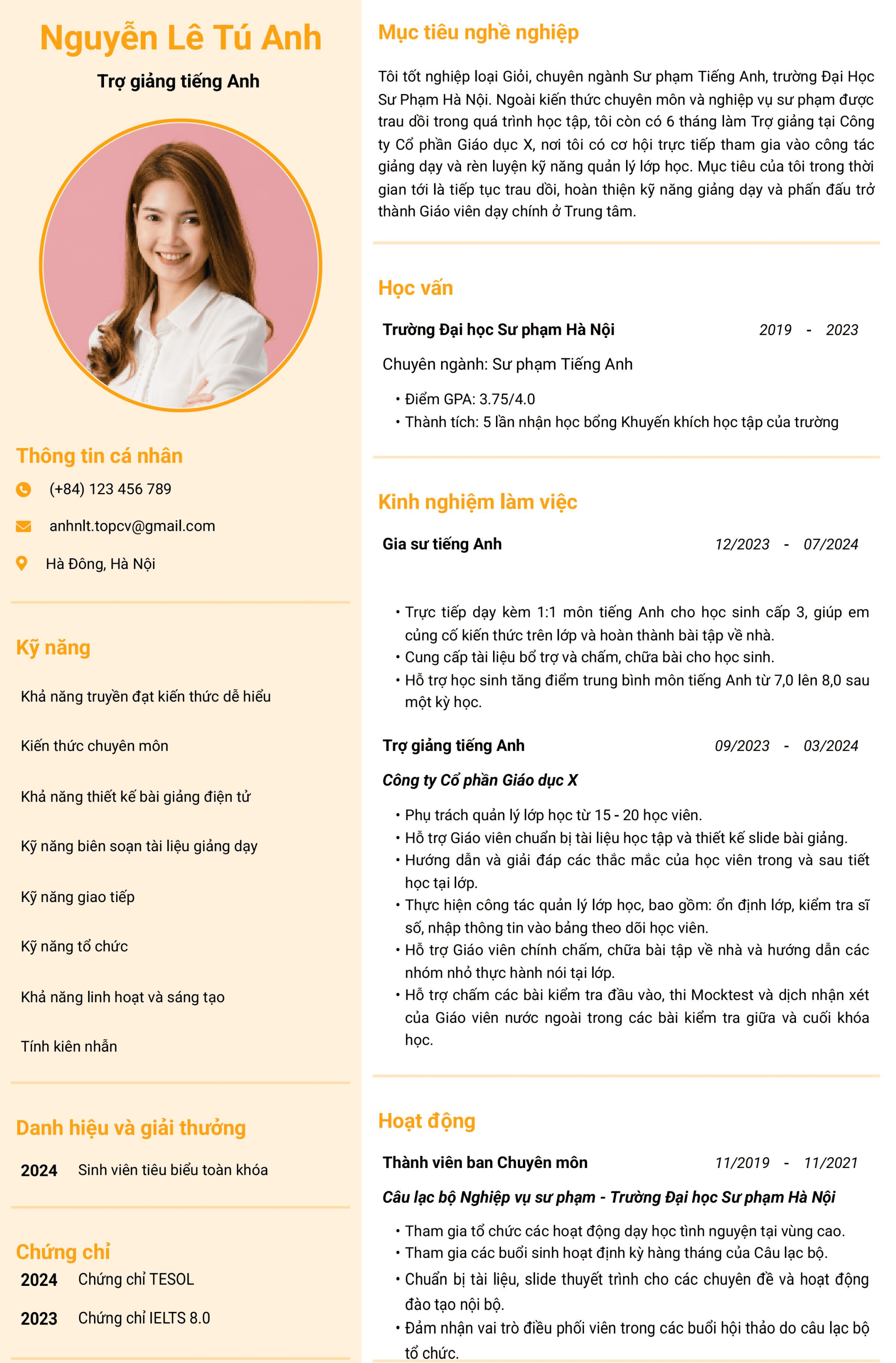 Mẫu CV Trợ giảng cho người đã có kinh nghiệm (đúng ngành)